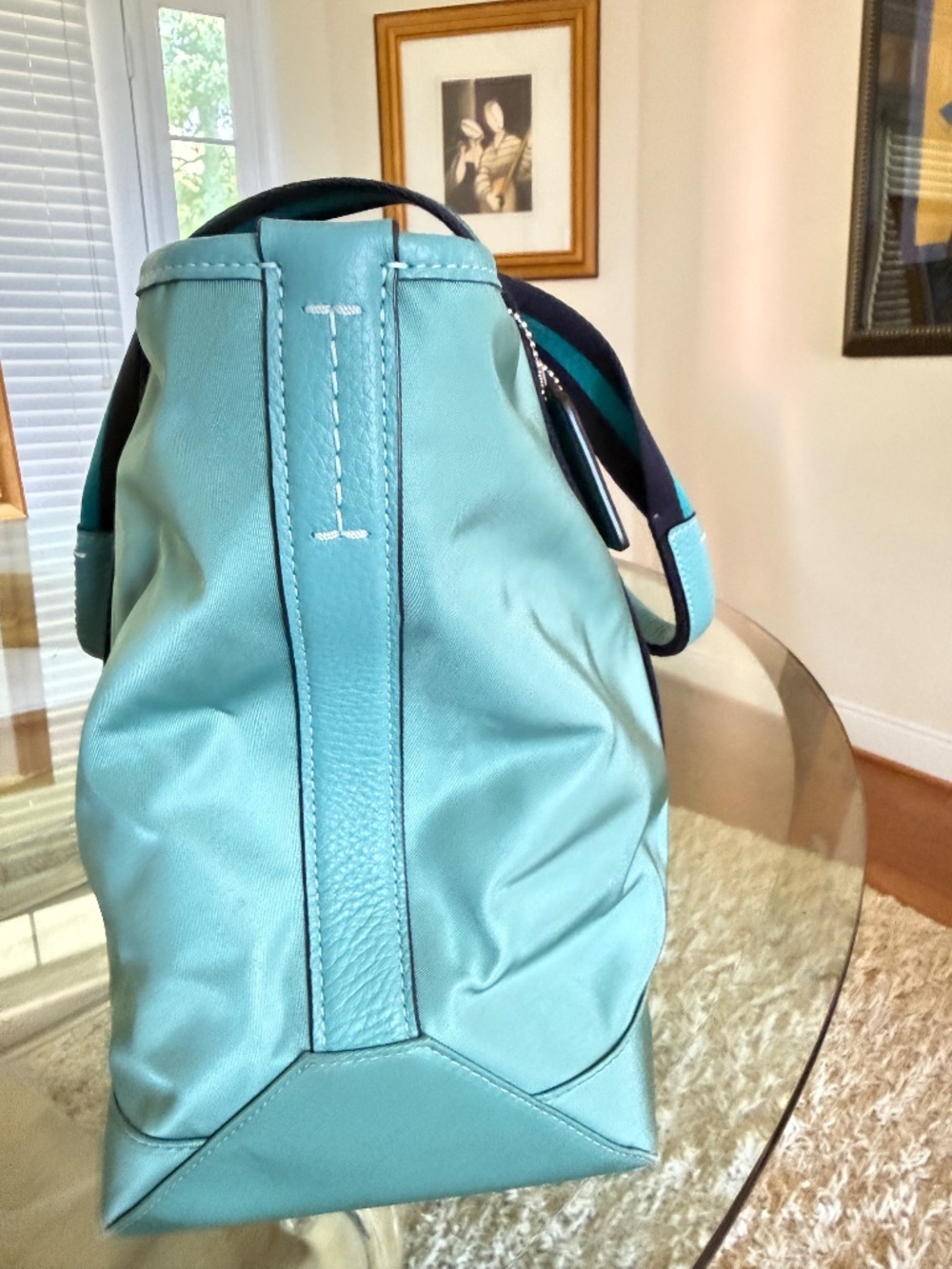 COACH CA208 Ellis Tote Bag Teal Nylon Medium Navy Cotton Straps Hang Tag - Picture 8 of 14